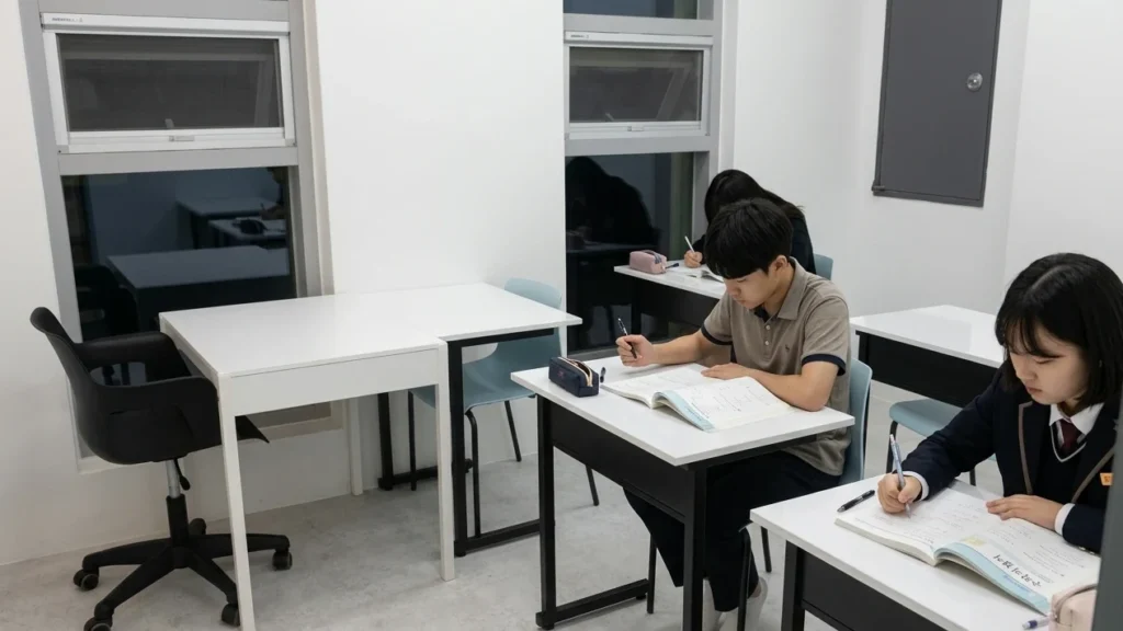 Students studying at desks in a small classroom