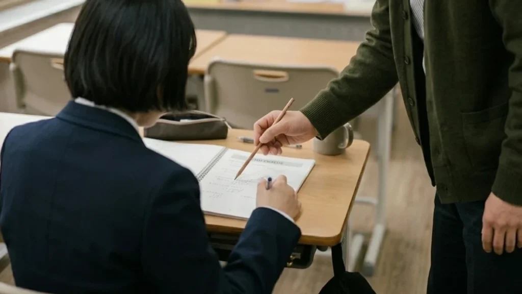 Teacher pointing at a student math notebook